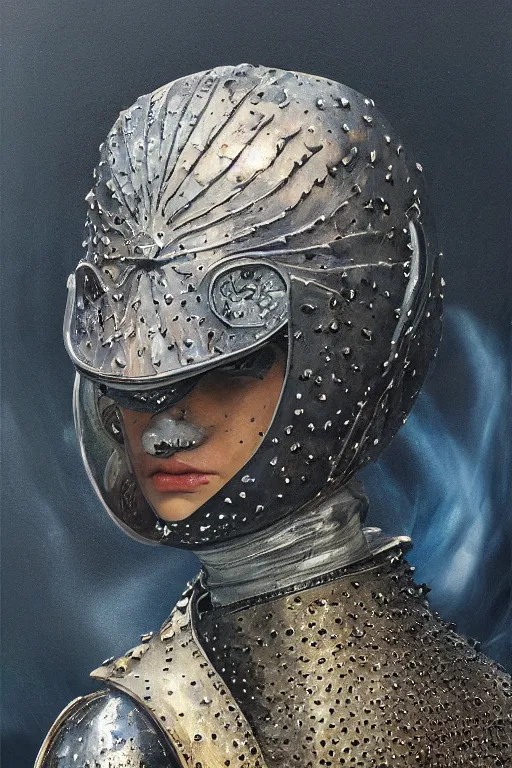 Image similar to hyperrealism oil painting, close - up portrait of face hiding in stingray medieval fashion model, knight, steel gradient mixed with nebula sky, in style of baroque mixed with 7 0 s book art