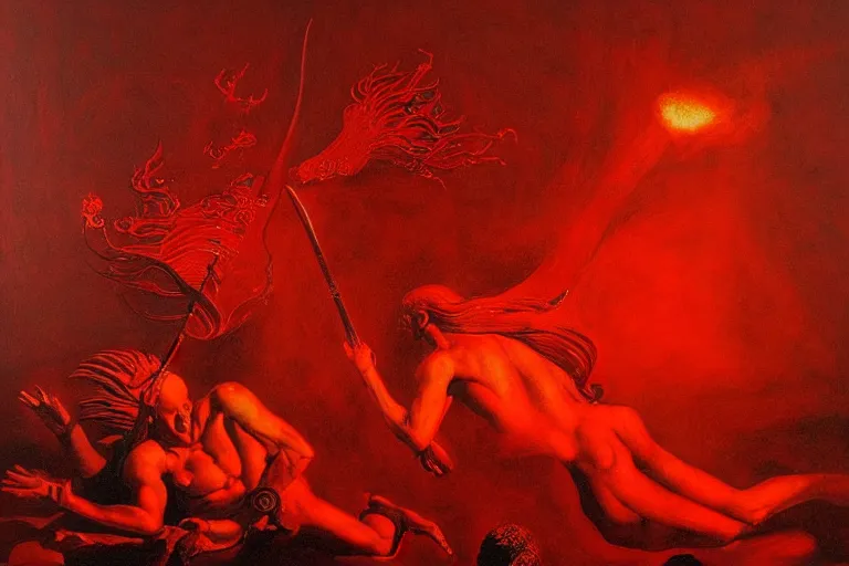 Image similar to only with red, a red melted apollo with a laurel wreath and a flaming sword announce the win, atene in the background, in the style of beksinski, part by hopper, part by rodcenko, part by hofbauer, intricate composition, red by caravaggio, insanely quality, highly detailed, masterpiece, red light, artstation