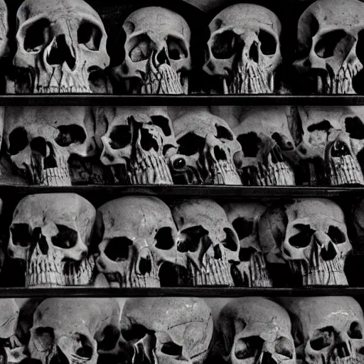 Image similar to Skulls lying on a shelf. Close Up Shot, Dark Fantasy, Film Noir, Black and White. High Contrast, Mike Mignola, D&D, OSR