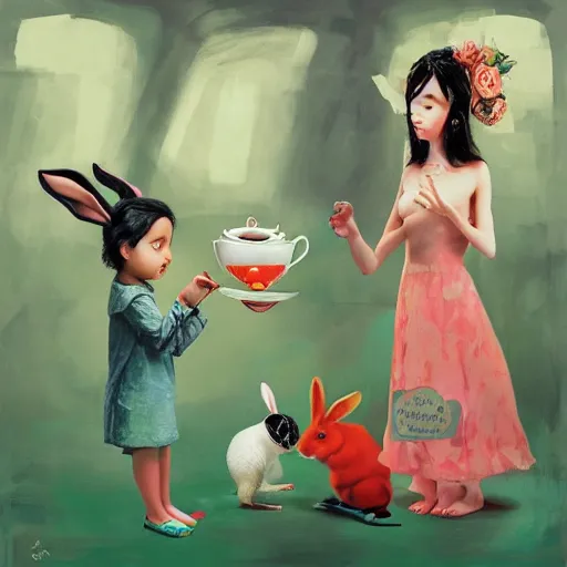 Prompt: after tea with a bunny and a little girl in 3 d, by roby dwi antono