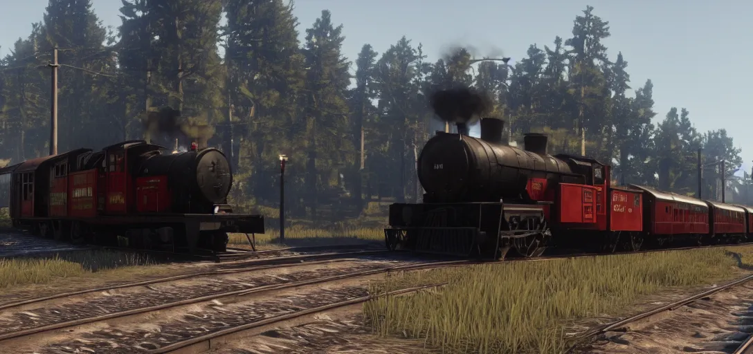 Image similar to A train in red dead redemption 2, screenshot, high quality image, widescreen, in-game engine, 8k, octane render