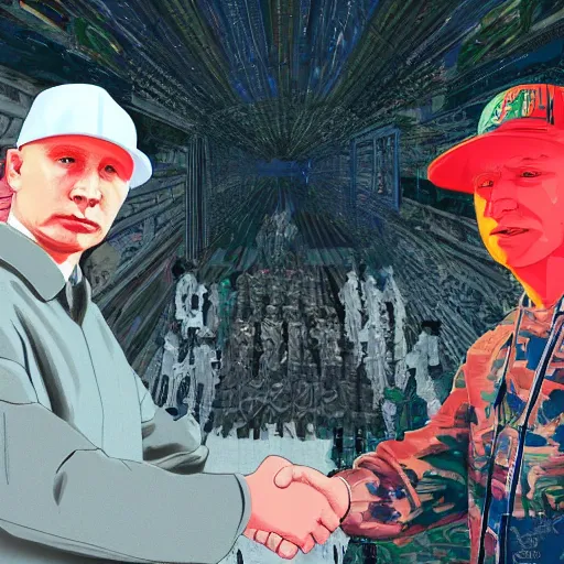 Image similar to cinematic shot of Yung Lean wearing a bucket hat and Vladimir Putin shaking hands with each other in the Kremlin, 8k, hyper intricate, hyper detailed,