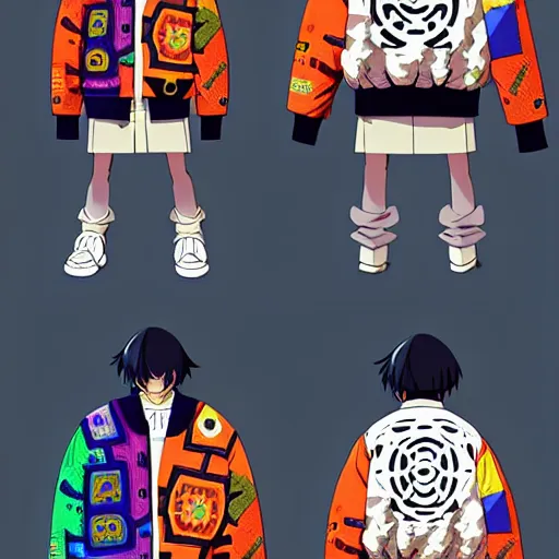 Image similar to majora majora's mask wearing oversized mayan bomber jacket with overalls, bulky poofy bomber jacket with mayan patterns, aztec street fashion, genshin impact art style, gapmoe yandere grimdark, trending on pixiv fanbox, painted by greg rutkowski makoto shinkai takashi takeuchi studio ghibli, akihiko yoshida