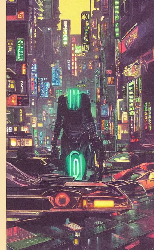 Image similar to 1979 OMNI Magazine Cover of an android raven in street level neo-Tokyo in cyberpunk 2020 style by Vincent Di Fate