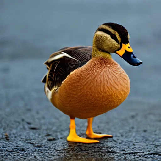 Image similar to a photo of a duck holding a knife with its beack, high quality, strong bokeh, 4k