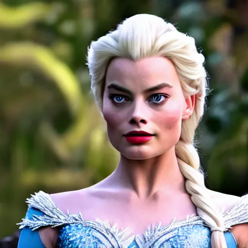 Image similar to Margot Robbie as Elsa in disney frozen live action, 8k full HD photo, cinematic lighting, anatomically correct, oscar award winning, action filled, correct eye placement,