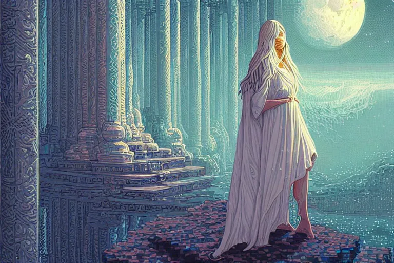 Image similar to the girl of white robes holds the moonstone, beautiful detailed pixelart by albertov, intricate details, beautiful, dithered gradients, volumetric lighting, cgsociety, artstation, smooth, sharp focus, 2 d illustration, amazing art by dan mumford