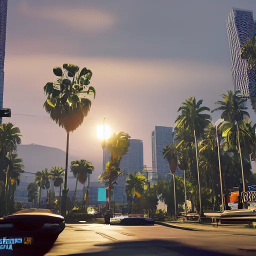 Image similar to still next - gen ps 5 game grand theft auto v 2 0 2 4 remaster, graphics mods, rain, red sunset, people, rtx reflections, gta v, miami, palms and miami buildings, screenshot, unreal engine, 4 k, 5 0 mm bokeh, close - up dodge challenger, gta vice city remastered, artstation