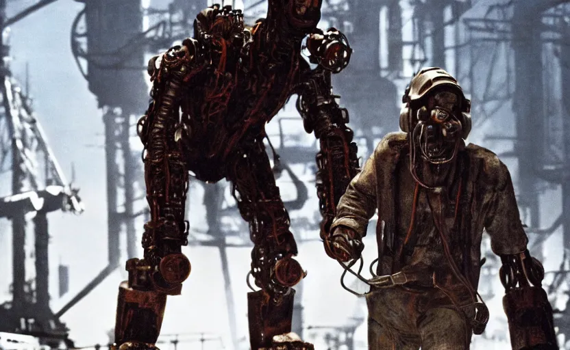 Image similar to a machine monster chases sadie sink dressed as a miner : a still from a scifi soviet cyberpunk film from 1 9 8 0 s. by steven spielberg and james cameron. 6 5 mm low grain film stock. sharp focus, realistic facial expression, perfect anatomy, cinematic atmosphere, detailed and intricate environment, trending on artstation