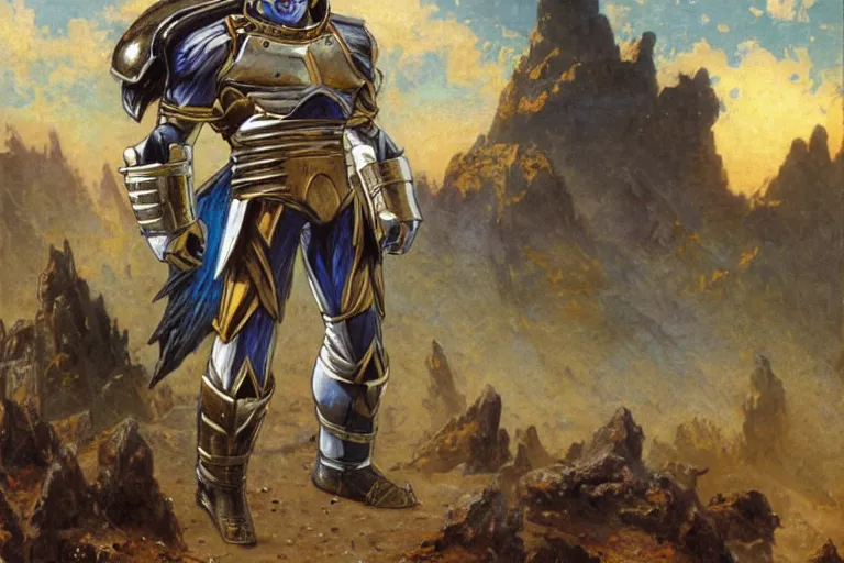 Image similar to portrait of prince vegeta in a battle damaged armor on planet namek. art by gaston bussiere.