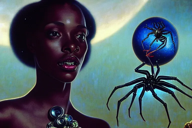 Image similar to realistic detailed closeup portrait movie shot of a beautiful black woman dancing with a giant spider, futuristic sci fi landscape background by denis villeneuve, jean deville, amano, yves tanguy, ernst haeckel, alphonse mucha, max ernst, caravaggio, roger dean, sci - fi necklace, fashion, masterpiece, rich moody colours