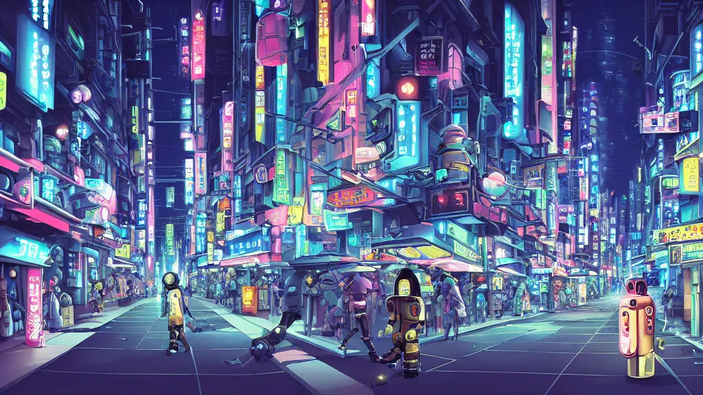 Image similar to street view of futuristic robot tokyo city at night by cyril rolando and naomi okubo and dan mumford and ricardo bofill. robots. robots walking the streets. advertisements for robots. robot shiba inu being walked by robots. robot city. neon advertisements.