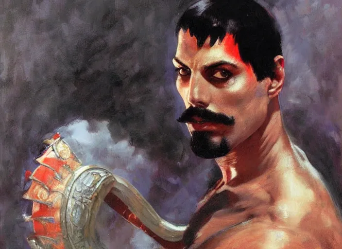 Prompt: a highly detailed beautiful portrait of freddie mercury as kratos, by gregory manchess, james gurney, james jean