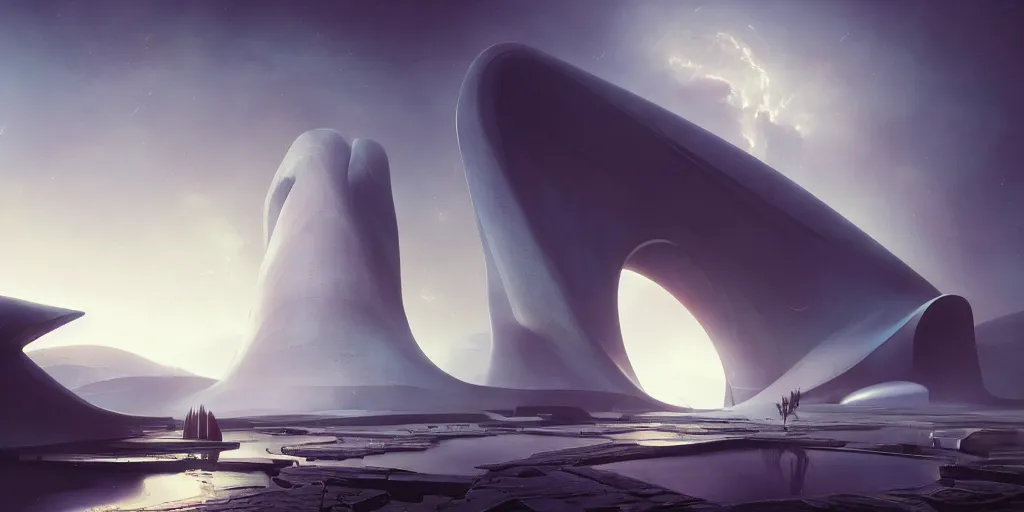 Prompt: a monument to an alien god on a gas planet, by tim blandin and arthur haas and bruce pennington and john schoenherr, big windows architecture by zaha hadid, octane render, warm colour scheme, white, cinematic, scenery, cgsociety, modernism, futuristic, trending on artstation, sci - fi, high detail, high quality, close up angle