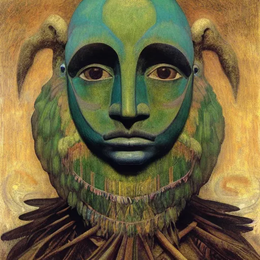 Prompt: humanoid with glowing eyes wearing a feathered bird mask. a portrait by annie swynnerton and elihu vedder and lucien freud and jean delville and diego rivera. symbolist. dramatic lighting. elaborate geometric ornament. art brut. soft greens and blues. sharp focus. extremely detailed. adolf wolfli, nicholas roerich