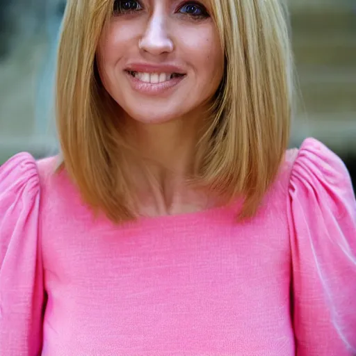 Prompt: portrait of a woman with bangs and blonde hair wearing a pink dress