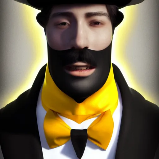 Prompt: a highly detailed portrait of a man in a high top hat covering his face, in a black tailcoat with a yellow waistcoat under the tailcoat, artstation, deviantart, professional, unreal engine 5, photorealistic