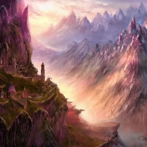 Image similar to very beautiful secret city of the elves gondolin on top of a mountain, highly detailed, digital painting, artstation, matte, sharp focus, impressionnisme, vivid color,