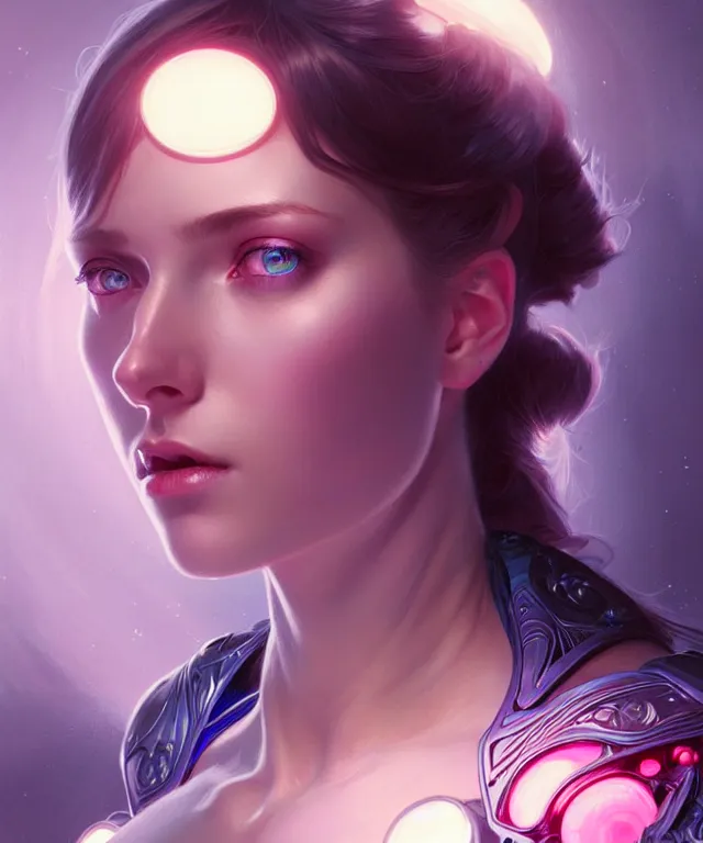 Prompt: Beautiful female android portrait, sci-fi, glowing blue eyes, face, blue and pink exoskeleton, fantasy, intricate, elegant, highly detailed, digital painting, artstation, concept art, smooth, sharp focus, illustration, art by artgerm and greg rutkowski and alphonse mucha