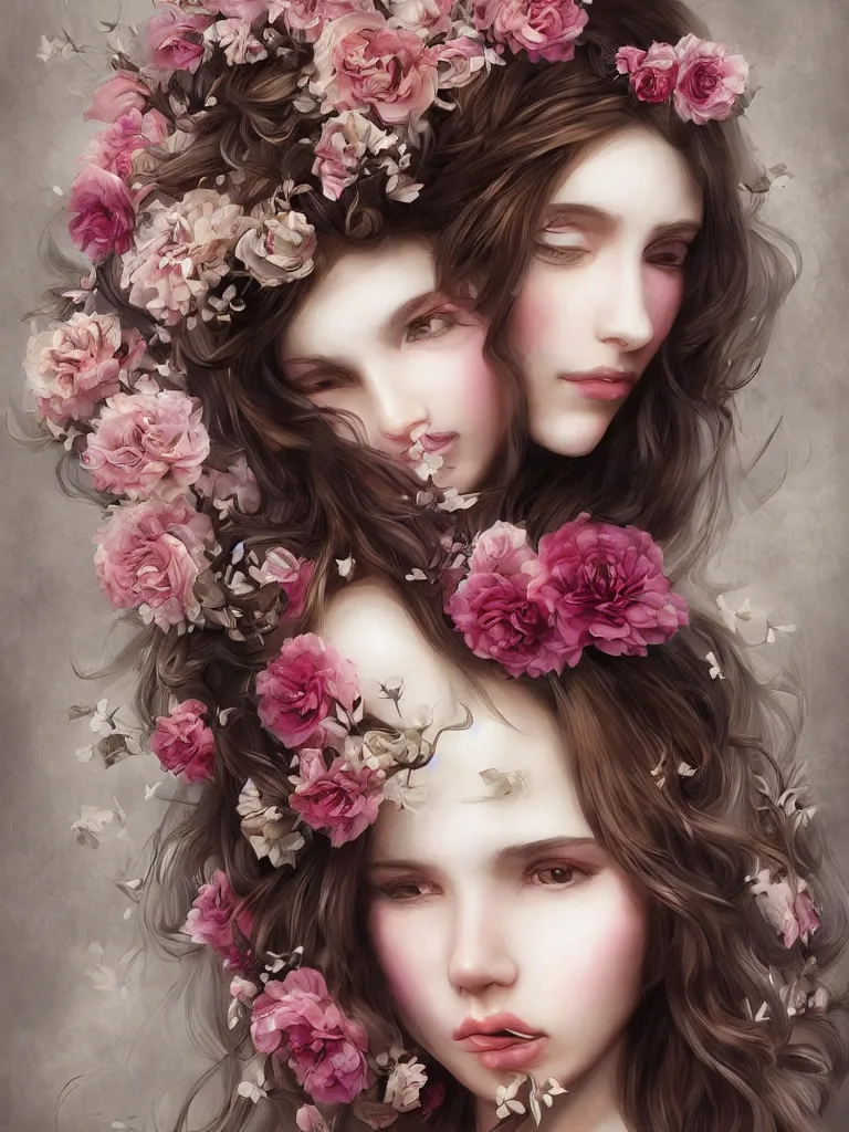 Prompt: beautiful girl digital art long hair with flowers baroque artgerm style