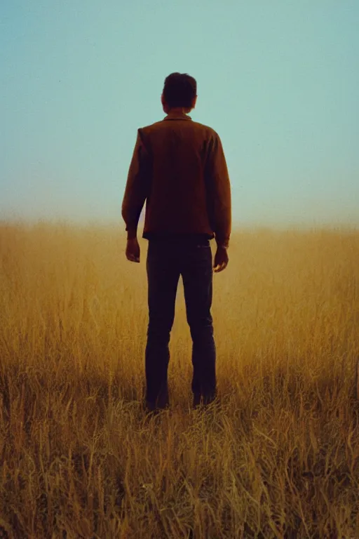 Prompt: kodak ultramax 4 0 0 photograph of a guy standing in a field of fire, back view, grain, faded effect, vintage aesthetic,