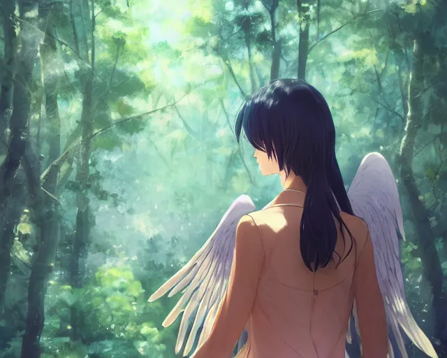 Image similar to a girl with two wings on her back in a forest. She has TWO wings on her back!!! Angel! Two blue wings!! She is facing the camera!!! Close up!! Front shot!! By Makoto Shinkai, trending on ArtStation, digital art.