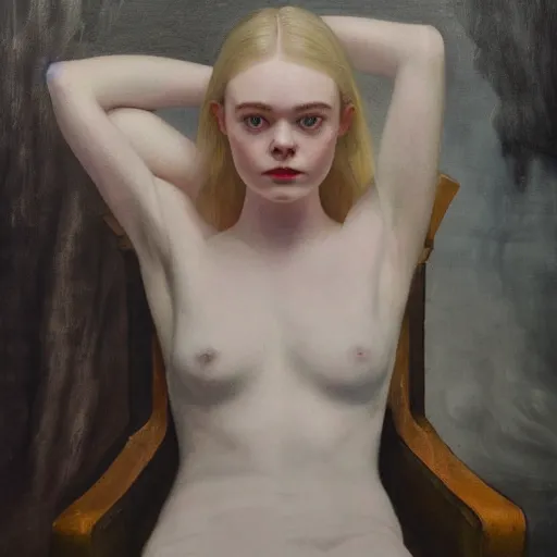 Image similar to Elle Fanning sitting on a white leather chair, head and shoulders portrait, stormy weather, extremely detailed masterpiece, oil on canvas, low-key neon lighting, artstation, Blade Runner 2049, Roger Deakin’s cinematography, by J. C. Leyendecker and Peter Paul Rubens and Edward Hopper and Michael Sowa,