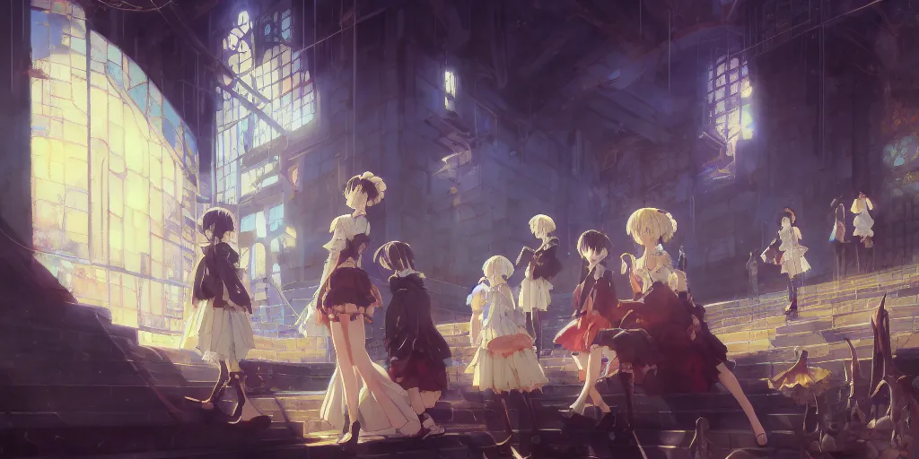 Image similar to baroque acrylic painting of key visual environment concept art, anime maid character sheet, concept design, brutalist fantasy, rule of thirds golden ratio, fake detail, trending pixiv fanbox, palette knife, style of makoto shinkai ghibli takashi takeuchi yoshiyuki sadamoto jamie wyeth james gilleard greg rutkowski chiho aoshima