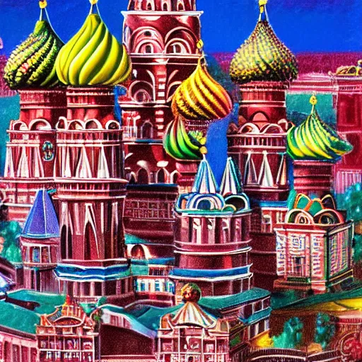 Image similar to city of moscow made out of candy, 1 9 2 0 ’ s colored pencil, highly detailed, highly accurate, abstract art, deep aesthetic, 8 k, highly ornate intricate details, cinematic lighting, rich colors, ray tracing, hyperrealistic, photorealistic, cinematic landscape, trending on artstation,