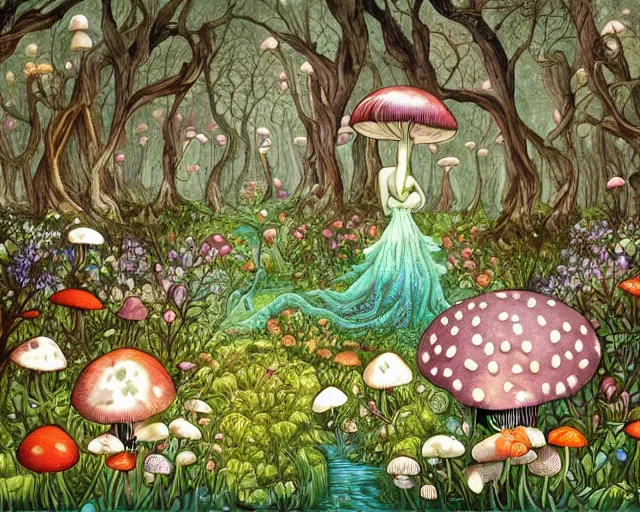 Prompt: a benevolent good fairy versus evil dark fairy fight amongst mushroom forest, whimsical, secret garden, flowers, mushroom forest by Daniel Merriam and Dan Mumford