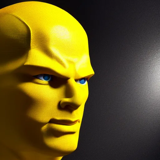 Image similar to still photo of a yellow superman, highly detailed, photorealistic portrait, bright studio setting, studio lighting, crisp quality and light reflections, unreal engine 5 quality render