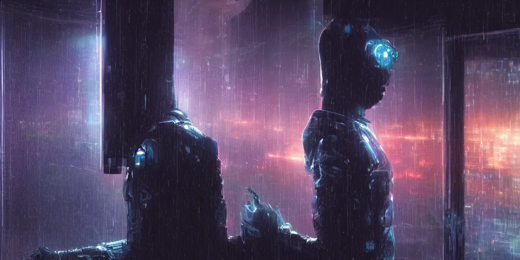 Prompt: one cyber person of cosmic nebula galaxy watching a rainy cyberpunk futuristic city from behind at night through a window, 4 k, photorealistic, wet, highly detailed, cinematic moody by ridley scott, trending on artstation, glowing and epic