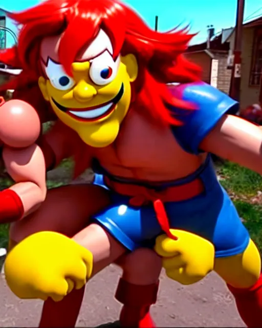 Prompt: wendy's mascot wendy thomas fights ronald mcdonald, movie still, from the movie street fighter, 8 k, realistic