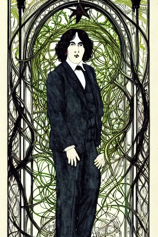 Prompt: realistic portrait of oscar wilde in the center of an ornate gothic frame with vines and stars, detailed art by kay nielsen and walter crane, illustration style, watercolor