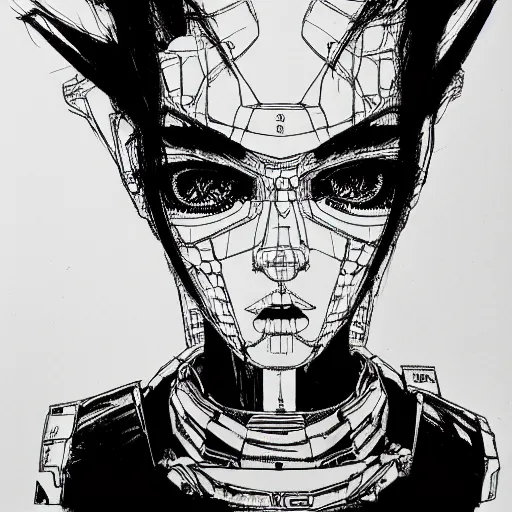 Image similar to punk robot girl, face portrait by makoto kobayashi and nihei tsutomu, pen sketch on paper, mechanical, cables