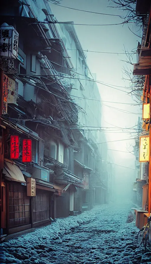 Prompt: nuclear winter, street of kyoto, near future, fantasy, sci - fi, hyper realistic, serene, morning.