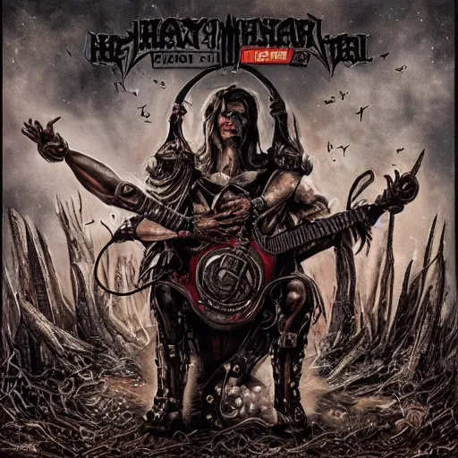 Image similar to heavy metal album cover of viktor orban