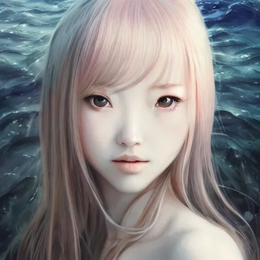Image similar to Females Portrait by Miho Hirano, Ross Tran and Ilya Kuvshinov, realistic, detailed, white, light pink tonalities, beautiful collage technique including flora, sea, wind, ornate sea background, beautiful Fantasy detailed trending on artstation, oil painting,Dramatic lighting, eterea , high quality print, fine art with subtle redshift rendering