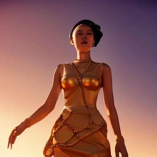 Image similar to innovative avant-garde art, deco fashion, asian women, highly detailed, photorealistic portrait, serene desert setting, golden hour, crisp quality and light reflections, unreal engine 5 quality render