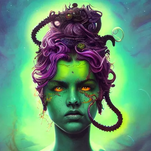 Image similar to art portrait of a furious girl with purple tentacles on her head, and bright green eyes, 8k,by tristan eaton, Stanley Artgermm,Tom Bagshaw,Greg Rutkowski,Carne Griffiths,trending on DeviantArt, face enhance,hyper detailed ,full of colour,