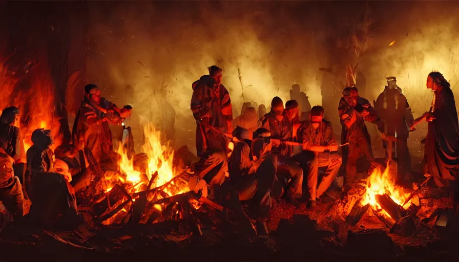 Image similar to a great inquisitor are roasting marshmallows on a campfire, behind which is a village burning with fire, fine details, blood, digital art, volumetric lighting, cinematic light, photorealistic, by greg rutkowski, by marc simonetti, by giger, by caravaggio, perfect faces, fine details, 4 k,