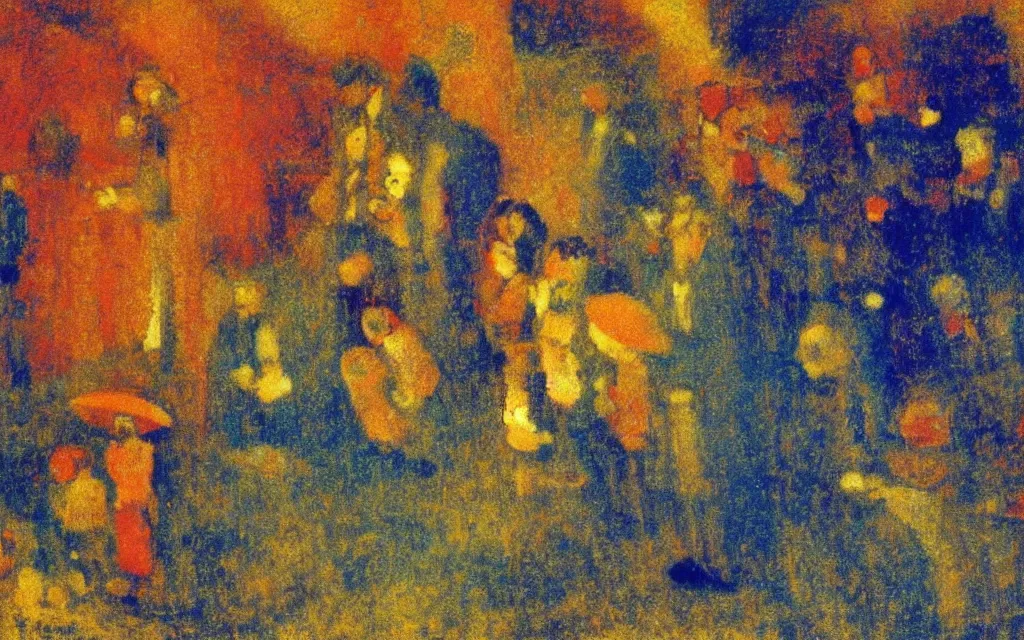 Image similar to surreal movie still from the triplets of belleville, award winning oil painting by odilon redon, chromatic aberration