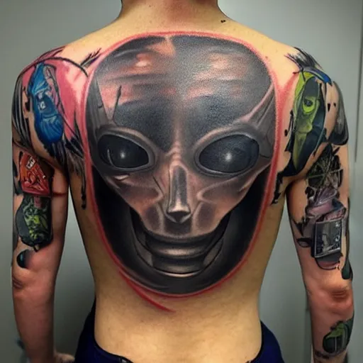 Image similar to backside on the shoulders is a tattoo of a hole in the skin with multicolored robotic mechanics and cables and a computer fan inside under the skin, insanely integrate, 3 d