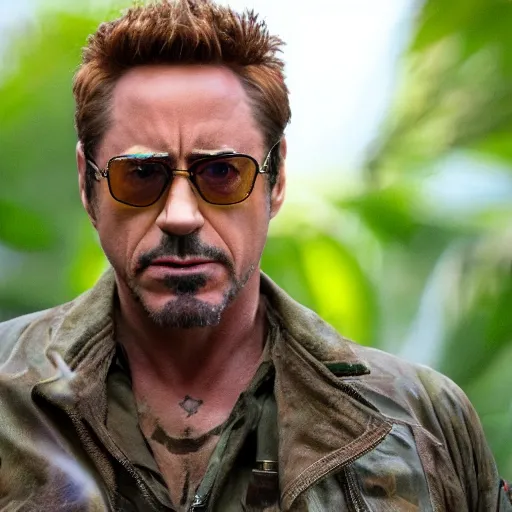 Image similar to cinematic still of robert downey jr as kirk lazarus in tropic thunder film