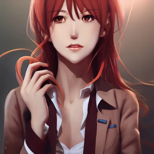 Image similar to kurisu makise, elegant, ultra highly detailed, digital painting, smooth, sharp focus, artstation, top-down shot, art by Ina Wong