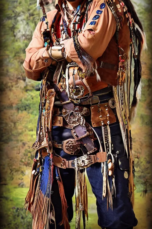 Image similar to thin native american indian man in his early 3 0 s, wearing traditional cargo buckskin jacket buckskin tactical toolbelt pockets bandolier full of trinket and baubles, steampunk arcane shaman, deadlands, weird western, by steve henderson, sandra chevrier, alex horley