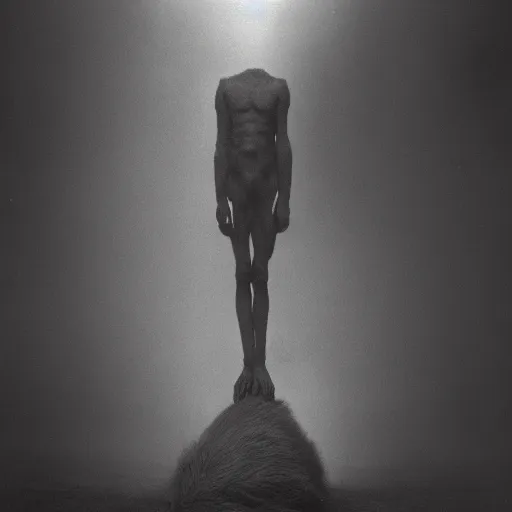 Image similar to vintage photography of realistic faceless beast-god with many long arms, a huge body covered with deep furs by Zdzisław Beksiński, odd eye, dark fantasy, asymmetry, blur, haze, fog, vignetting, platinum printing