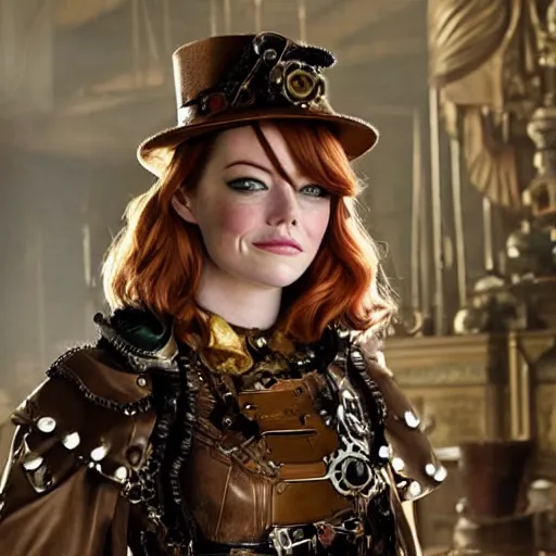 Image similar to long shot photo of emma stone as a steampunk amazon warrior