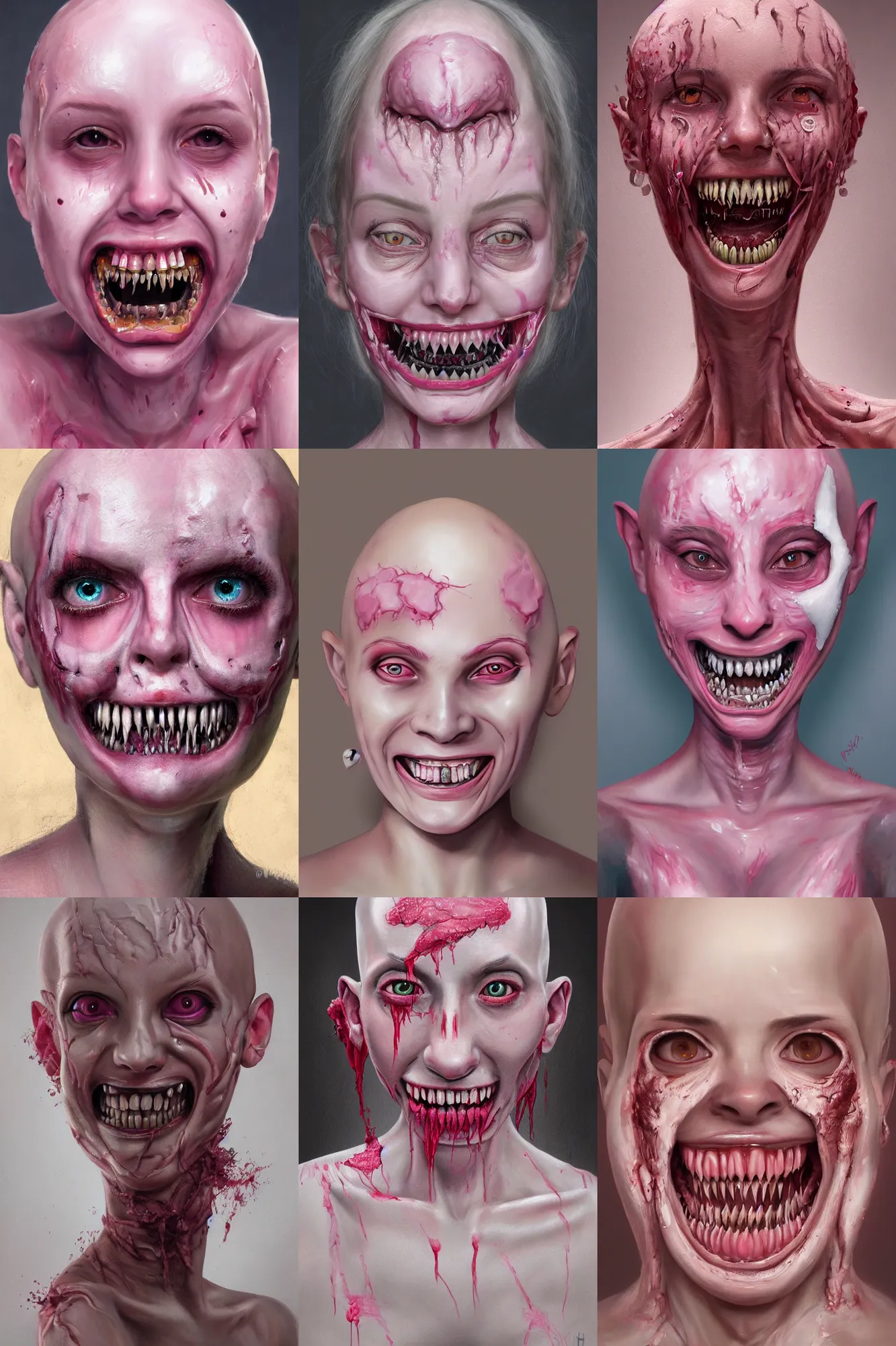 Prompt: haunting horrifying detailed painting a bald girl, with white - pink skin fleshy growths on face, sharp teeth and dead eyes without iris, who smiles and has many teeth hyper detailed, trending on artstation