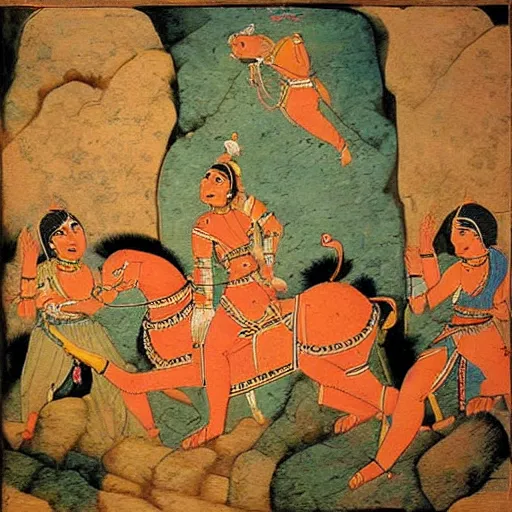 Image similar to woman warrior ascends to godhood. warriors watch in astonishment, holy mughal art painting by govardhan